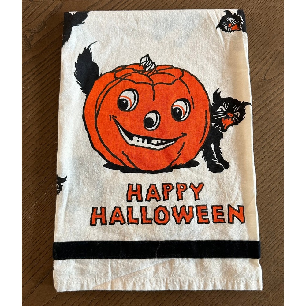Primitives by Kathy Halloween Kitchen Towel Vtg Style Pumpkin Black Cat Cotton